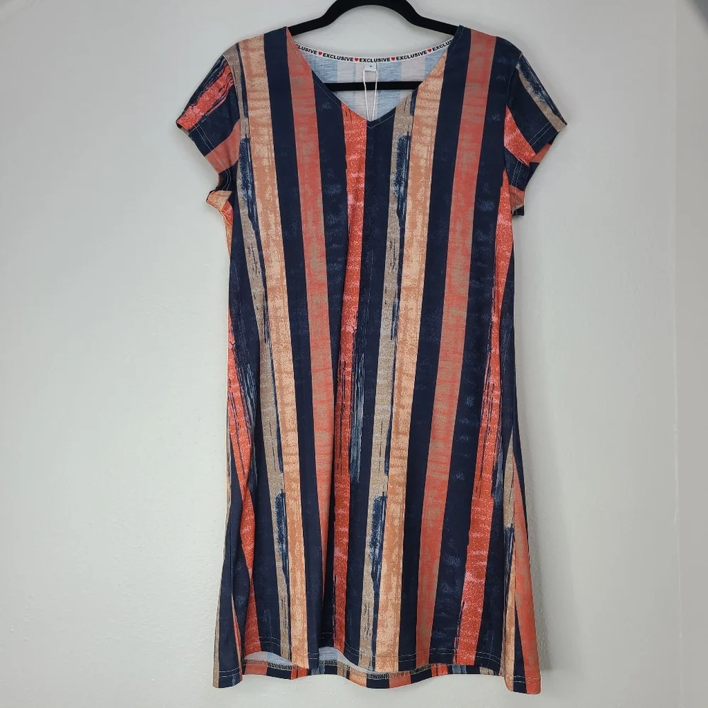 Exclusive Short Sleeve V-Neck Knit Mini Dress Stripes Blue Peach Size Small